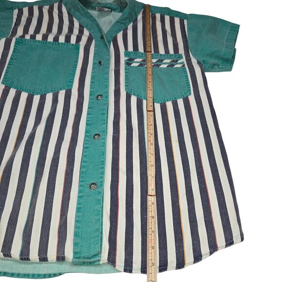 Vintage 80s 90s Teez Me Hooded Shirt L Button Front Striped Retro Surf Skater - Picture 5 of 10